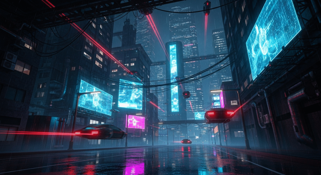 A futuristic cyberpunk city glowing with neon lights, flying cars above skyscrapers, holographic billboards, rain-soaked streets reflecting neon pink and blue, ultra-detailed, 4K, cinematic