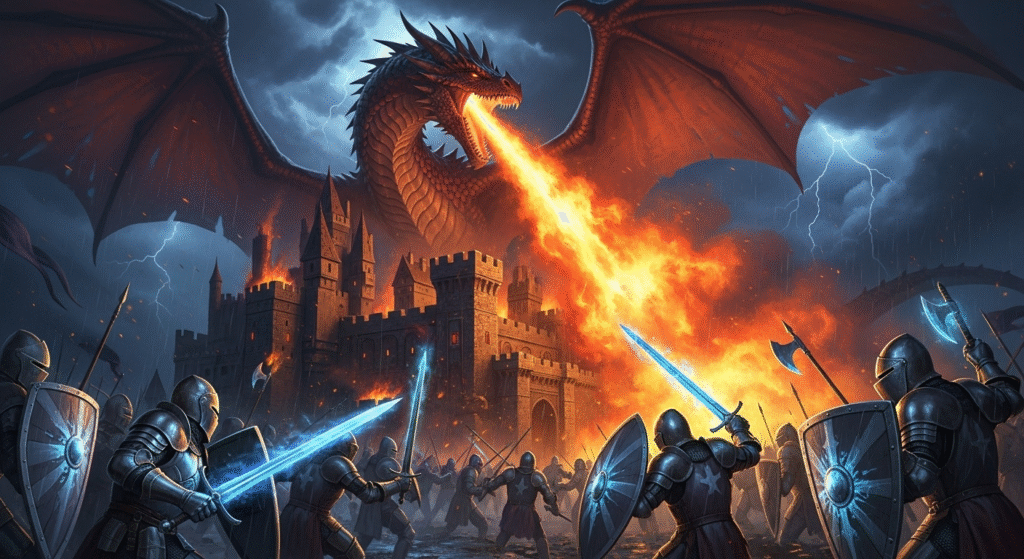 A majestic dragon breathing fire over a medieval castle, knights fighting below, glowing swords and enchanted shields, dark storm clouds, ultra-realistic fantasy artwork, 4K, epic composition